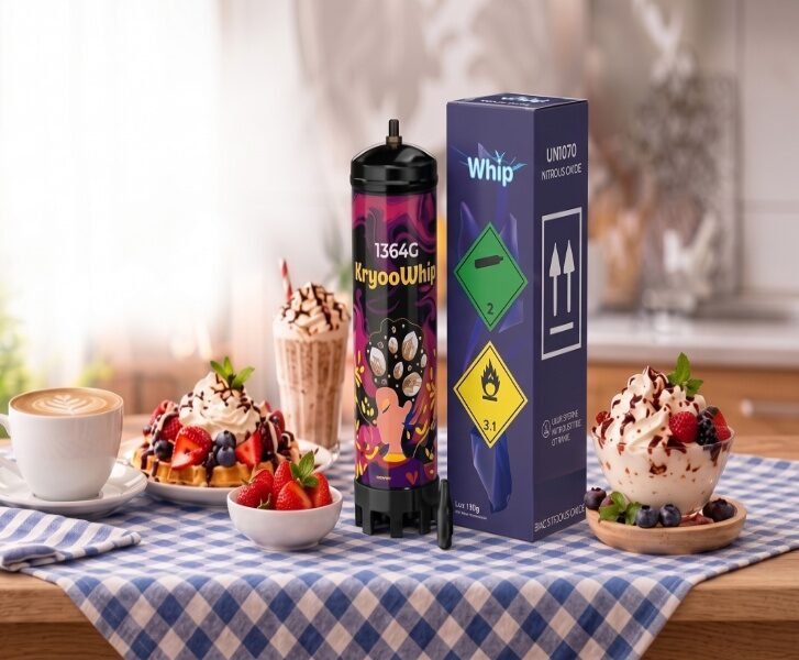 KryooWhip 1364g whipped cream can with box, served alongside waffles, milkshake, coffee, strawberries and ice cream best whip cream to buy online in the USA