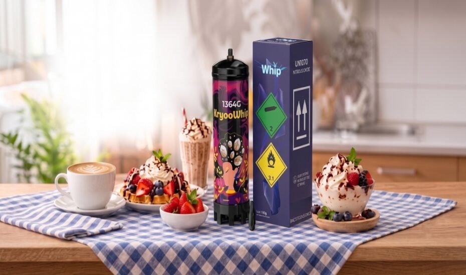 KryooWhip 1364g whipped cream can with box, served alongside waffles, milkshake, coffee, strawberries and ice cream best whip cream to buy online in the USA