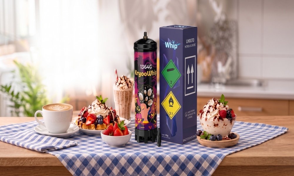 KryooWhip 1364g whipped cream can with box, served alongside waffles, milkshake, coffee, strawberries and ice cream best whip cream to buy online in the USA